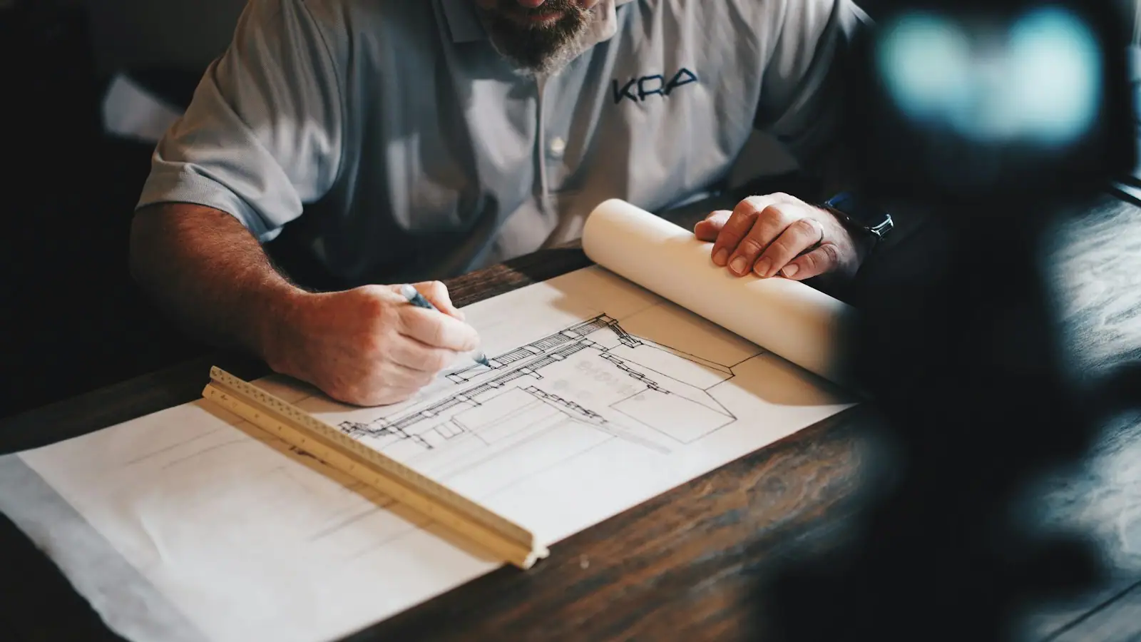 Designer sketching floor plans at a desk