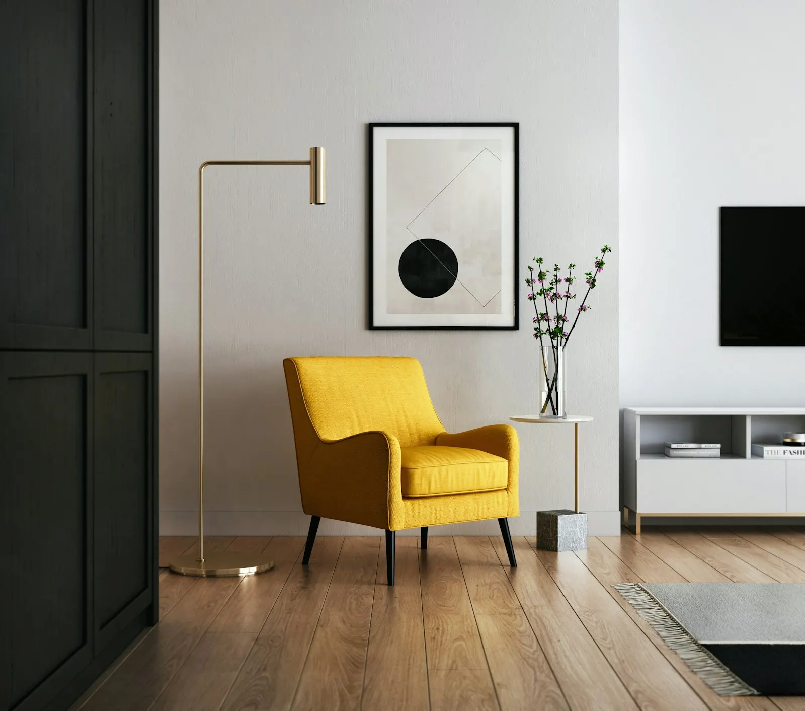 Reading corner with a yellow armchair and a floor lamp