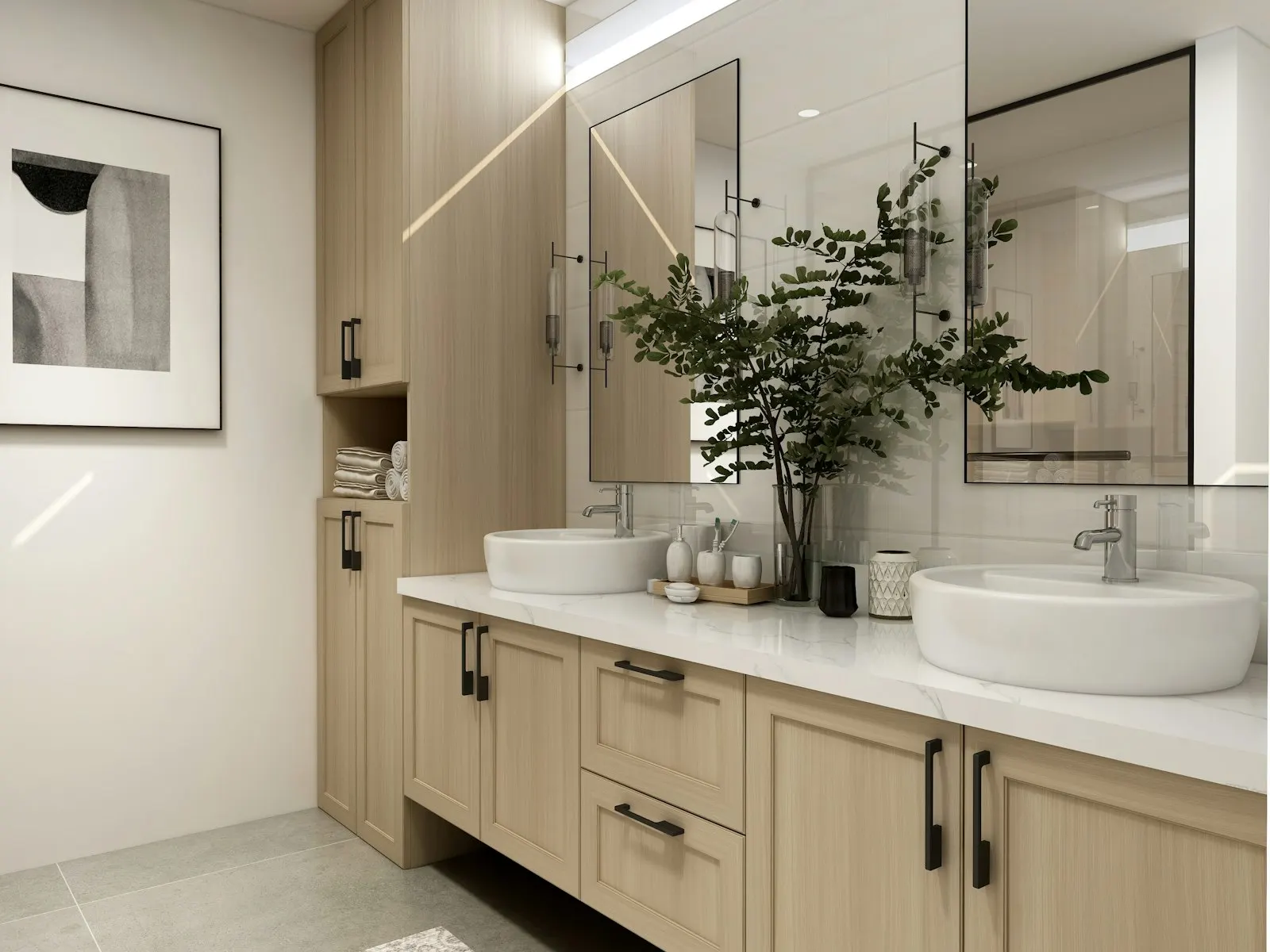 Bathroom with a light oak double vanity and vessel-style sinks