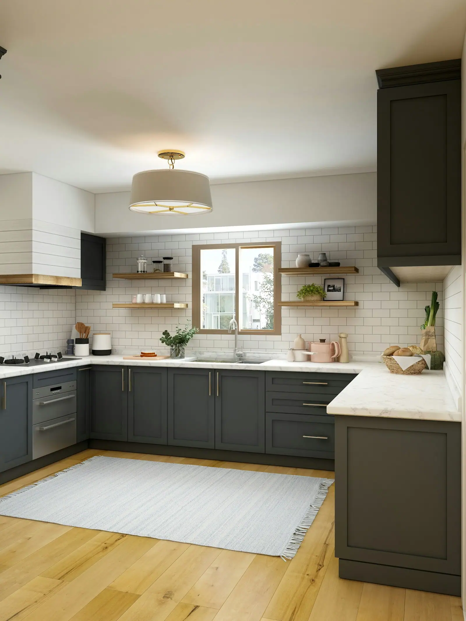 Kitchen with dark lower cabinets and open shelving