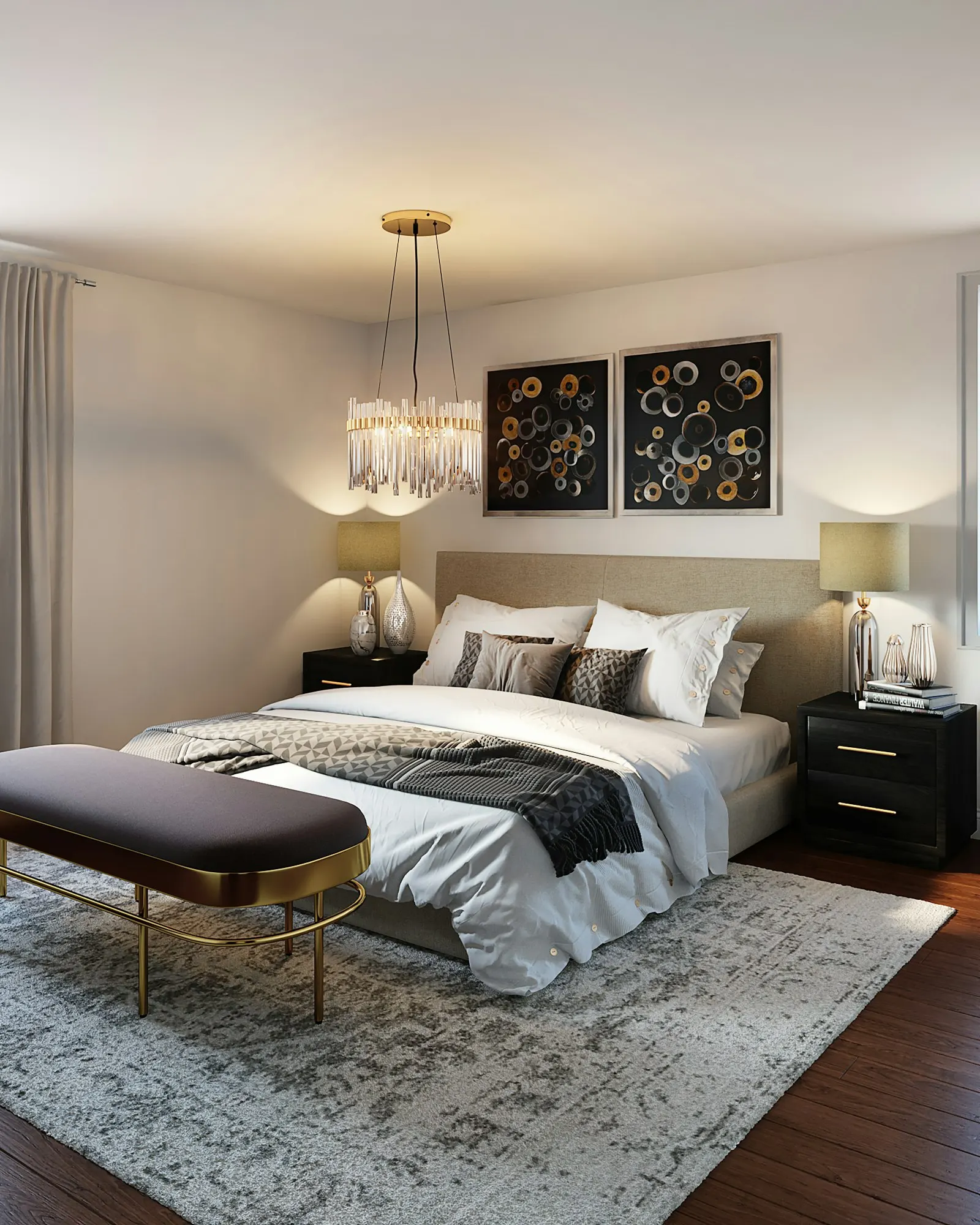 Guest bedroom with a tufted bench and a statement pendant