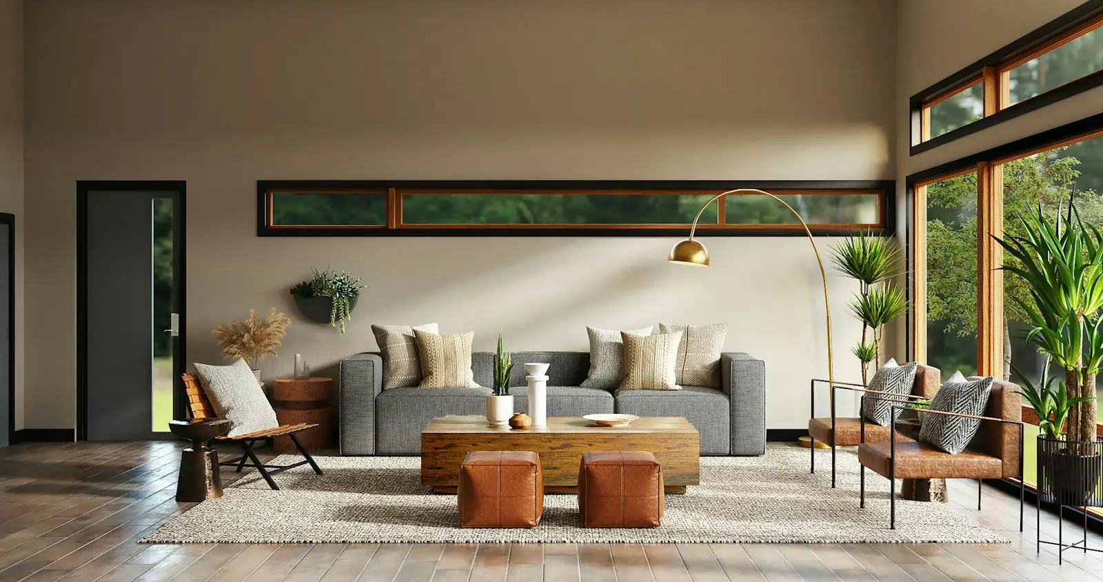 Lounge with a low sofa and clerestory windows