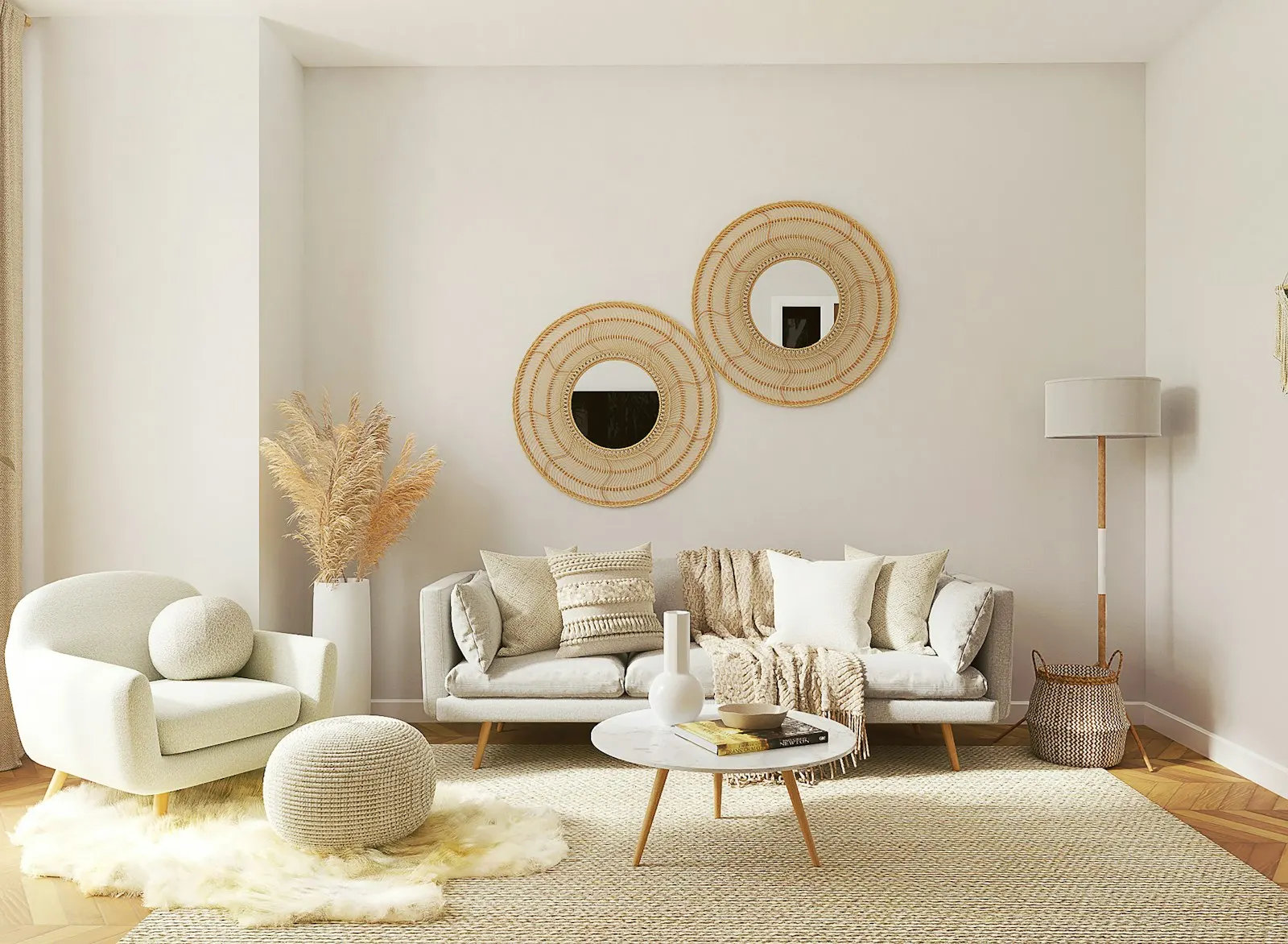 Bright lounge with cream sofas and round wall mirrors